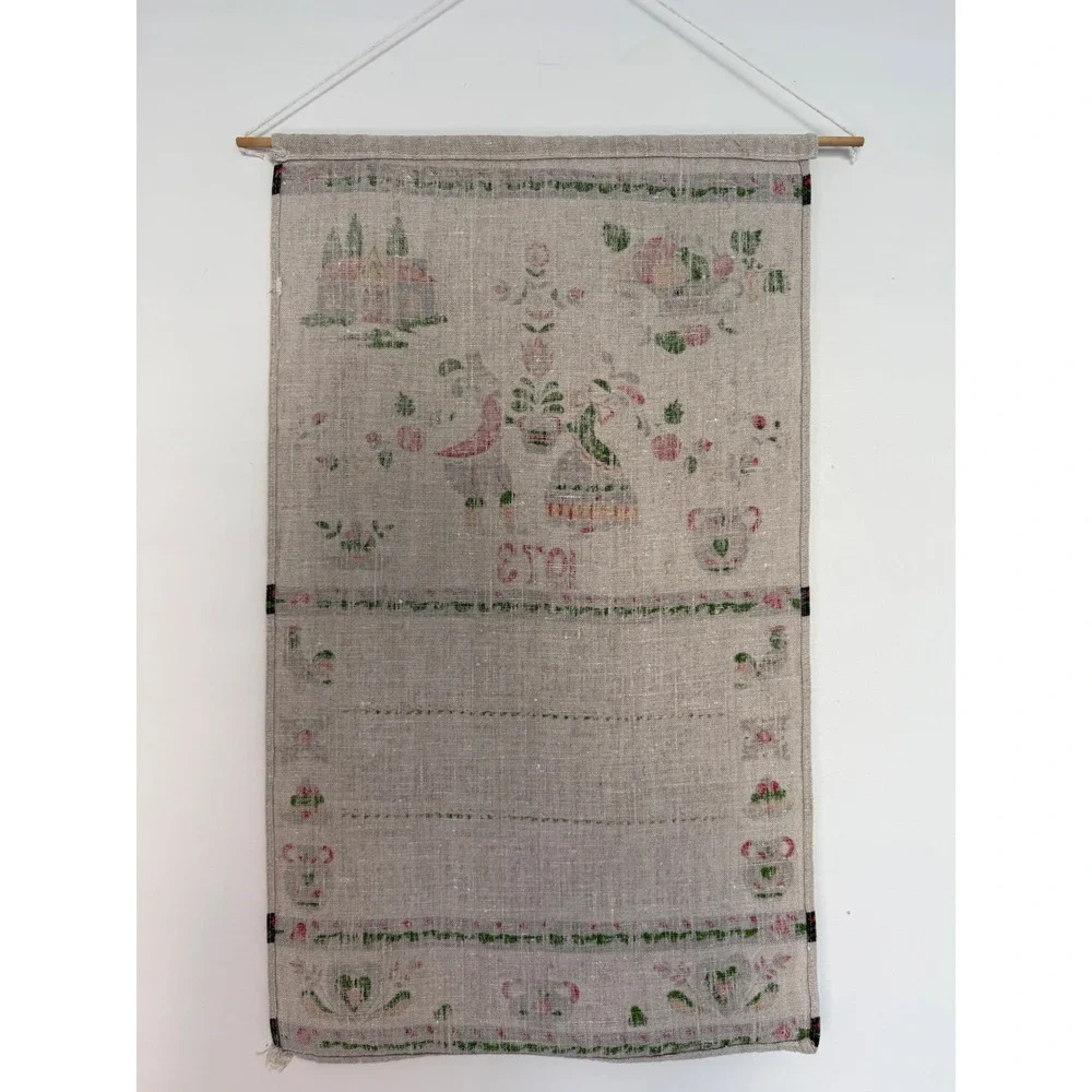 VTG 1973 Parisian Print Linen Kitchen Calendar Tea Towel Amish Dutch Country